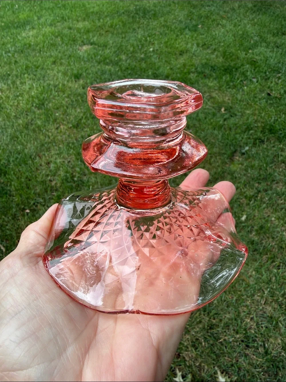 Pink Depression Glass Candle Holder with Unique Scalloped & Patterned Base EC